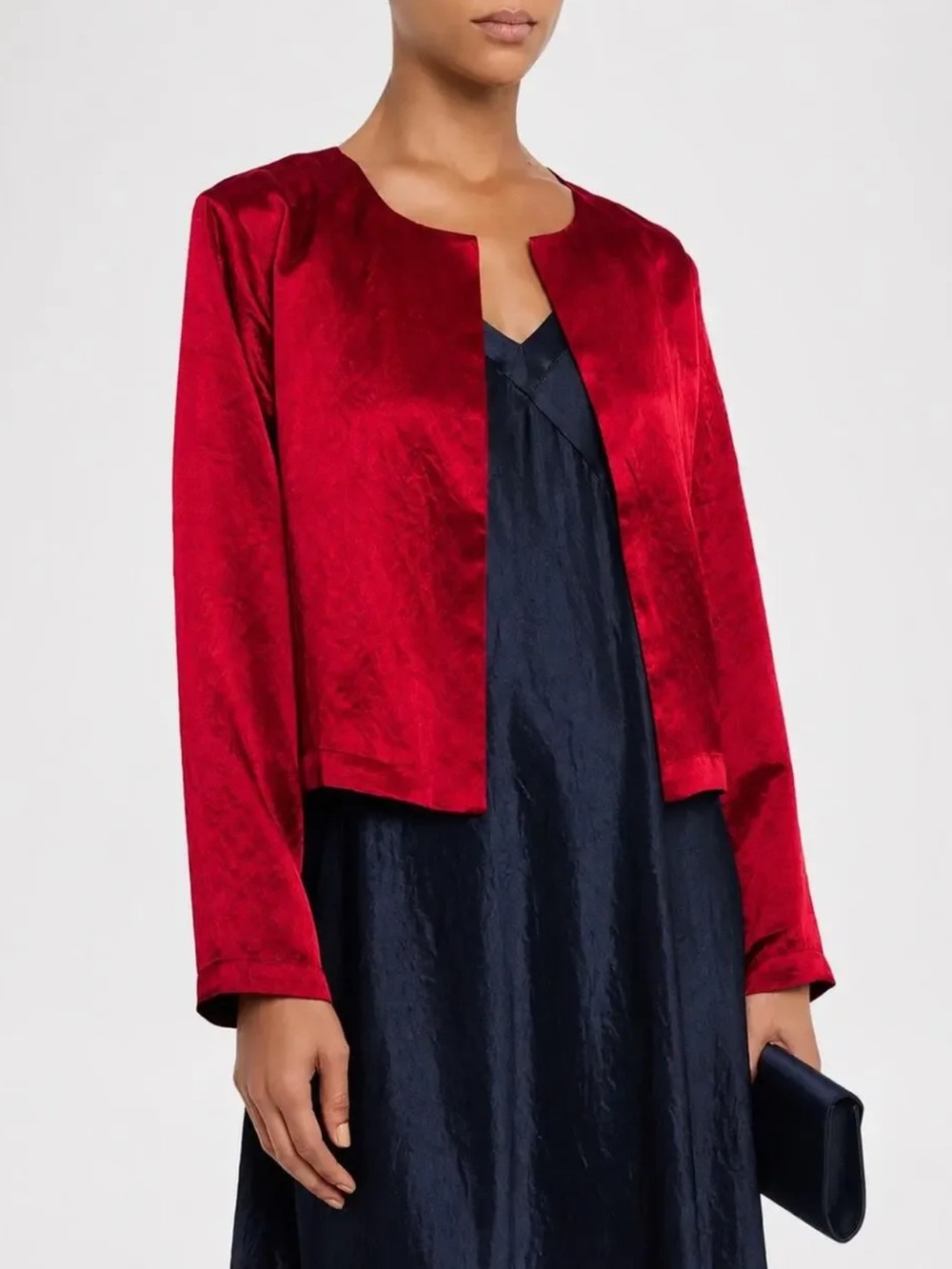 NWT Eileen Fisher Crinkled Textured Satin Round Neck Jacket in Ruby Sz L